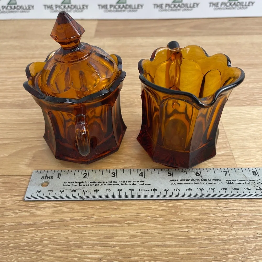 Vintage Amber Glass Cream and Sugar Set Paneled Scalloped MCM Retro Orange Glass